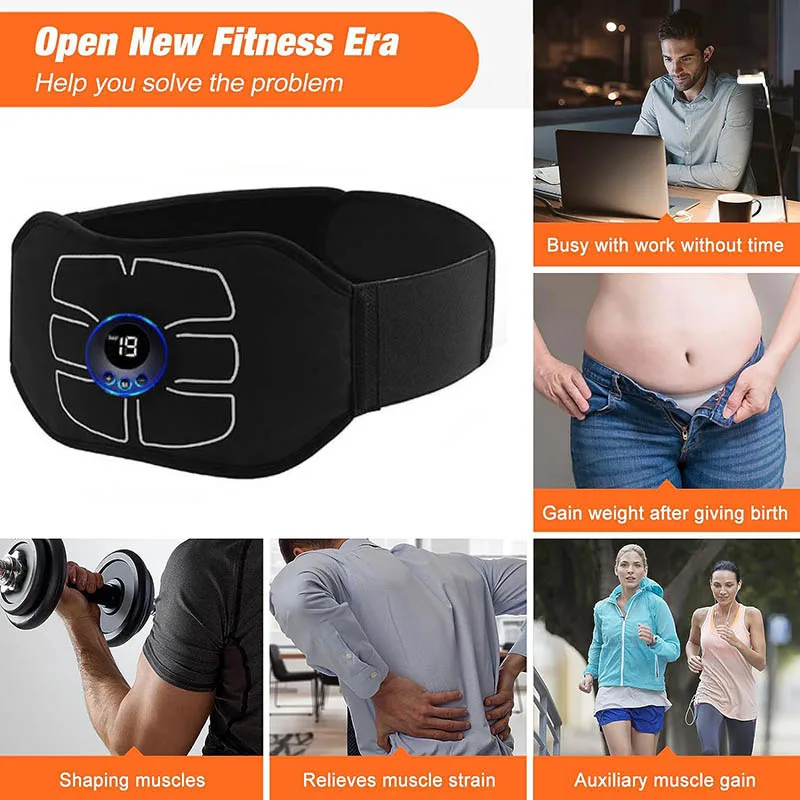 EMS Muscle Stimulator Toner Abdominal Toning Belt Portable Home Fitness Body Slimming Massager For Abdomen Massage USB Recharge