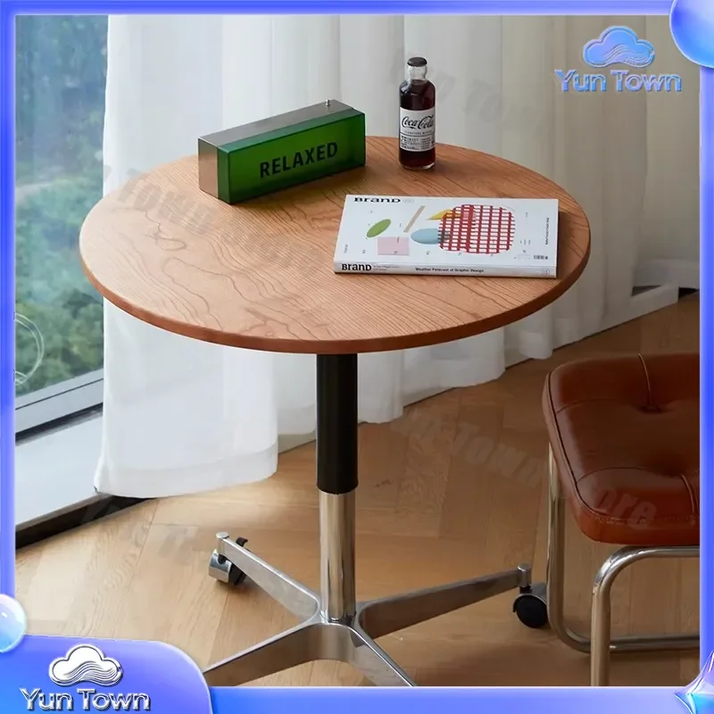 Solid Wood Small Round Table for Living Room Coffee Table for Small Apartment Cherry Wood Movable Lifting Side Table for Sofa