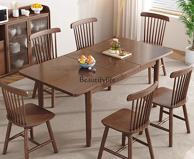 

LXSolid wood dining table retractable new Chinese modern simple oak rectangle
