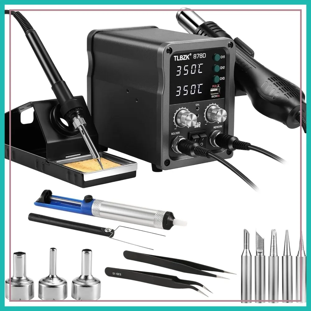 

878D 2-in-1 Hot Air Soldering Station Kit with Desoldering Pump, 5 Tips, 3 Nozzles, Tweezers, IC Extractor