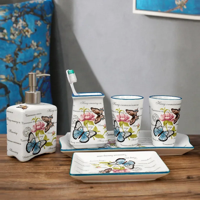 European Style Butterfly Pattern Ceramic Five-piece Set Wash Kit Soap Dispenser and Mouthwash Cup Set Bathroom Accessories