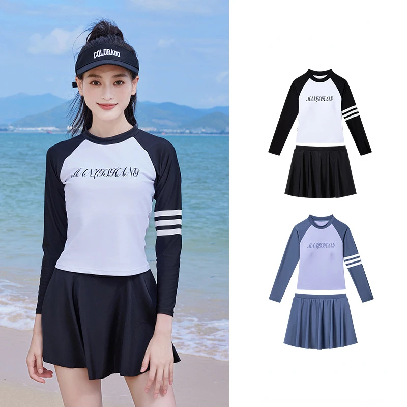 Women's Long Sleeve Conservative Split Swimsuit, Slim Swim Suit, Plus Size, Professional, Hot Spring Swimwear, New, 2 Pcs