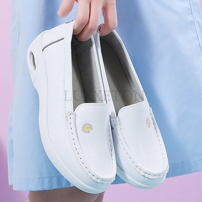 Genuine Leather Air Cushion Nurse Shoes Spring Soft Sole Breathable Flat Sole Sloping Heel Thick Sole White Medical Shoes