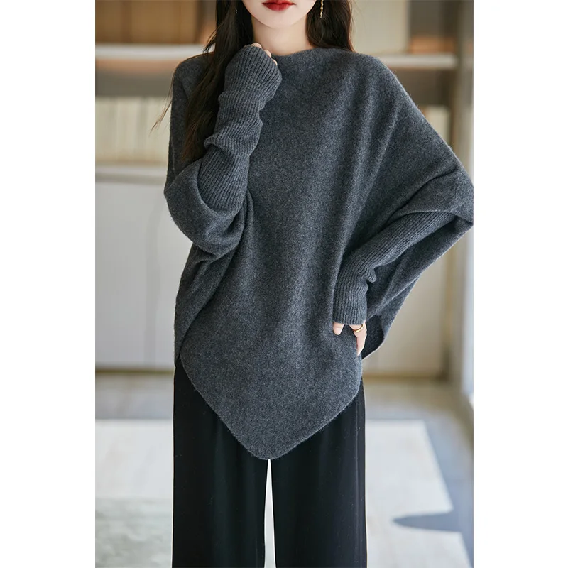 2024Autumn/Winter New Women's 100% Pure Wool Loose Edition Bat Bat Shirt Cloak One Neck Knitted Sweater with Sleeves Shawl Scarf