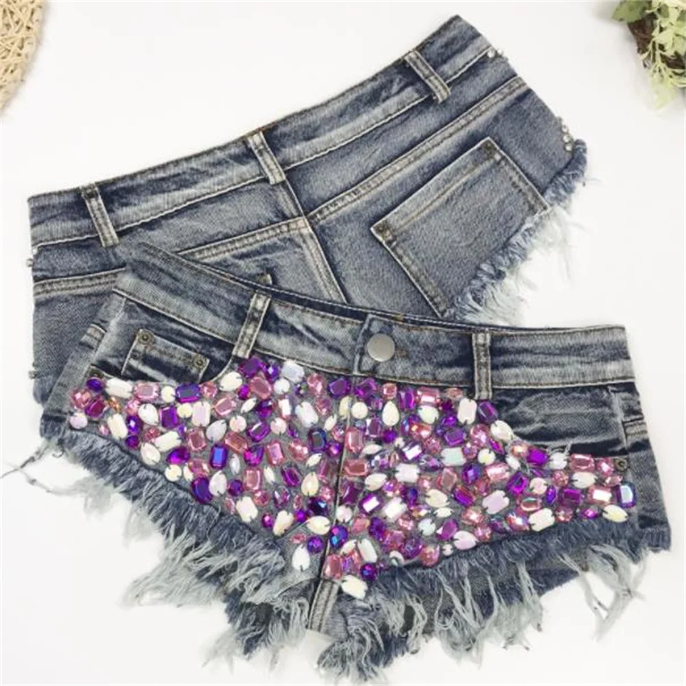 

Denim Shorts Rhinestone Beaded Women's Pants Sexy Low Waist short Pants