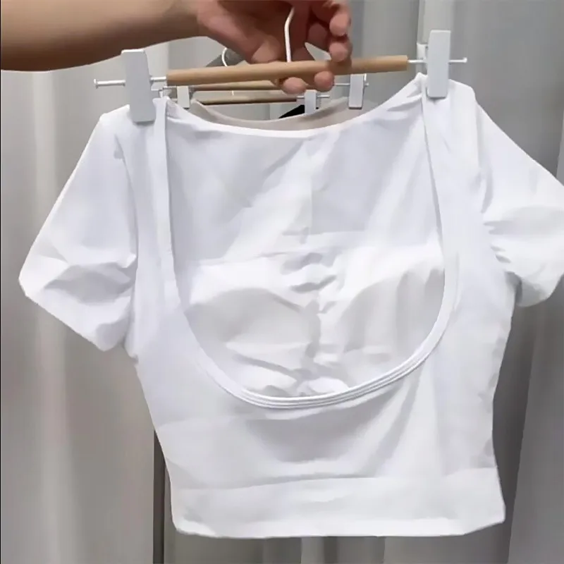 Pad Short Sleeve Yoga Shirt Women Workout Bra Gym Crop Top Longline Sports T Shirts Running Fitness Activewear Vest XP45