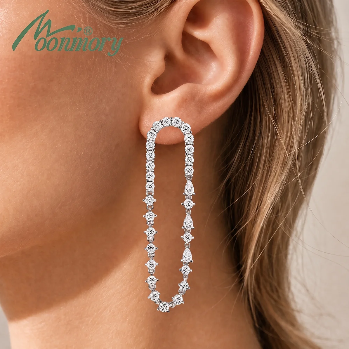 Moonmory Einzigartiges Design Lange 5A Birnen-, Marquise- und Runde Kubische Zirkonia Hängeohrringe für Damen Luxusmarken Messing 44mm Ohrringe – Detail 2