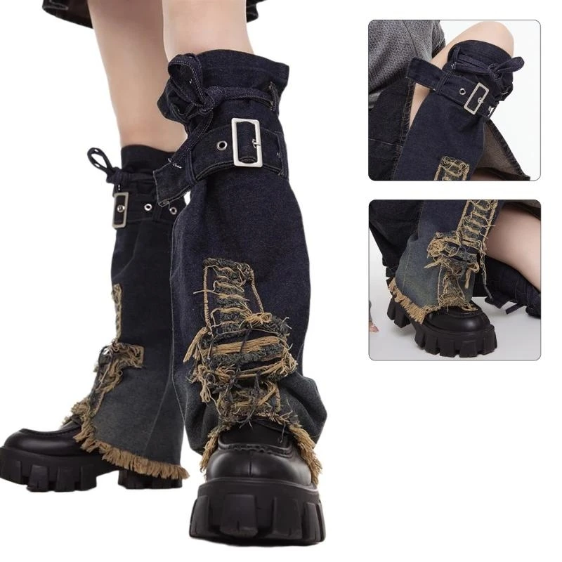 

Harajuku Punk Denims Leg Warmers Flared Bandage Belt Women Leg Gaiters Distressed Crosses Jean Boot Covers Grunge Socks 15UB