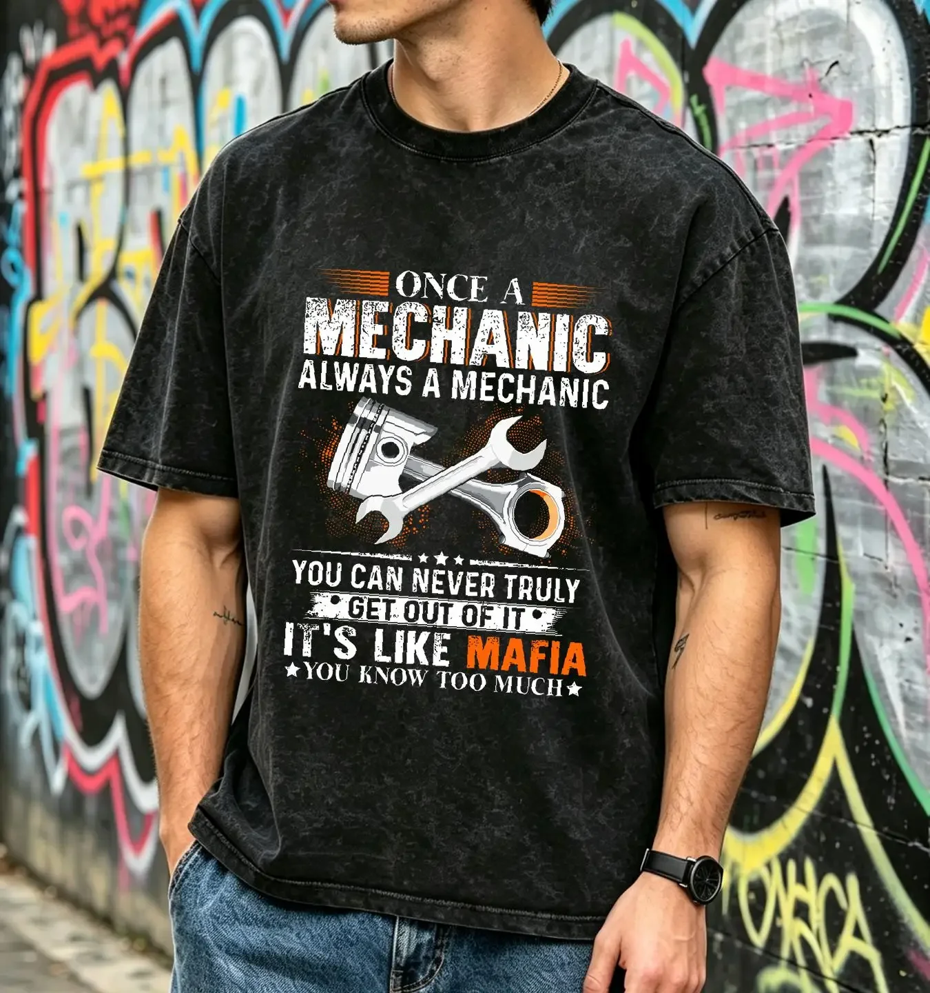 washed T Shirt Mechanic It's Like the Mafia Once A Always vintage Washed Stylish Slightly Casual Soft graphic Versatile homme