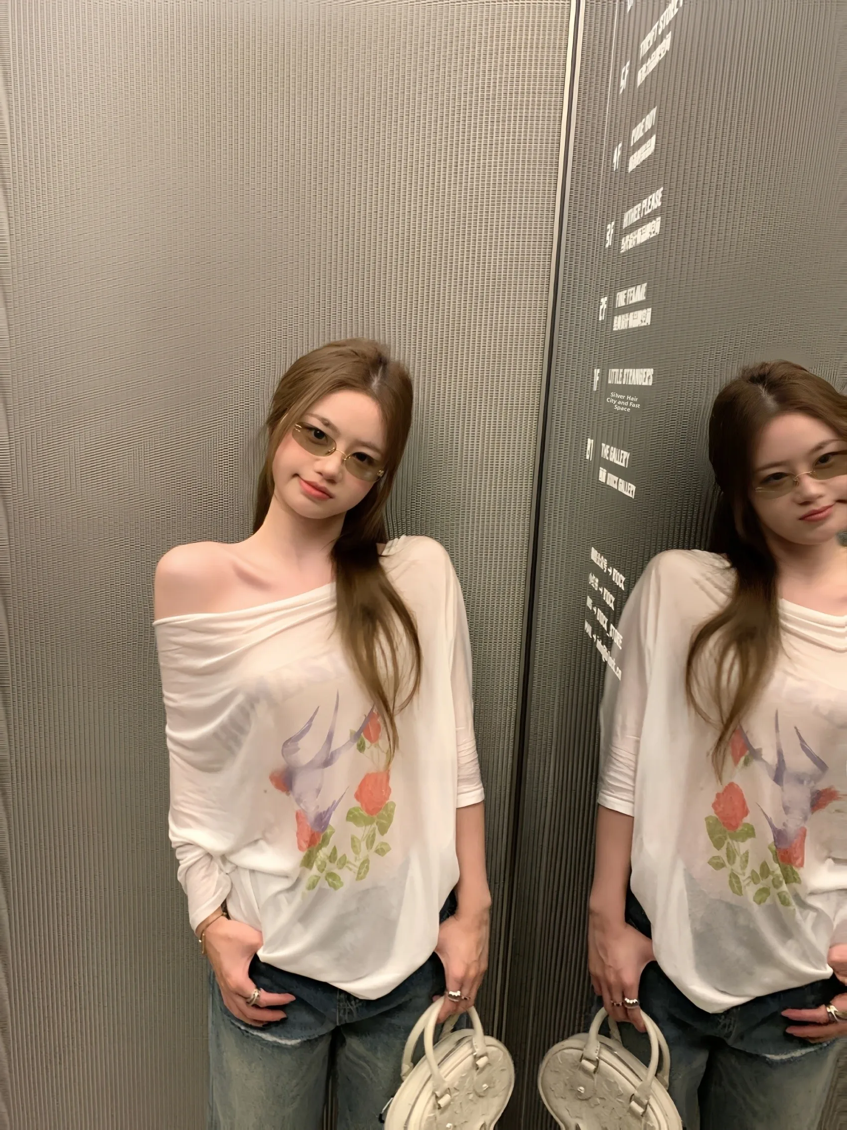 Spring New Style Long Sleeve Printed Asymmetrical Shoulder Women's T-shirt UV Protection Semi-Transparent Casual Cotton Top