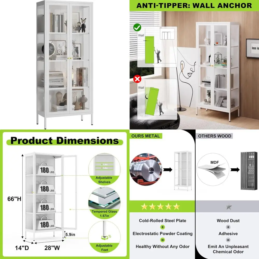 

Four-Tier Metal Curio Cabinet with Tempered Glass Doors for Living Room Display