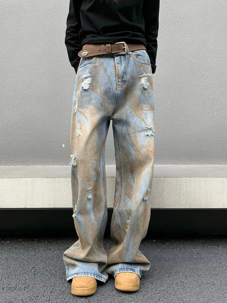 

Ripped Jeans Men's Clothing Made Old Y2K Straight-leg Pants Loose High Street Trousers A070