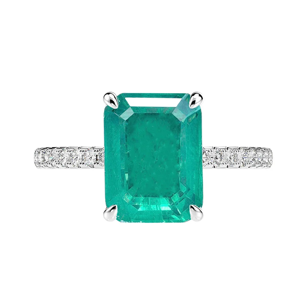 Fashionable and Luxurious 8 * 10mm Rectangular Chamfered Simulation Emerald Pure Silver Emerald Ring