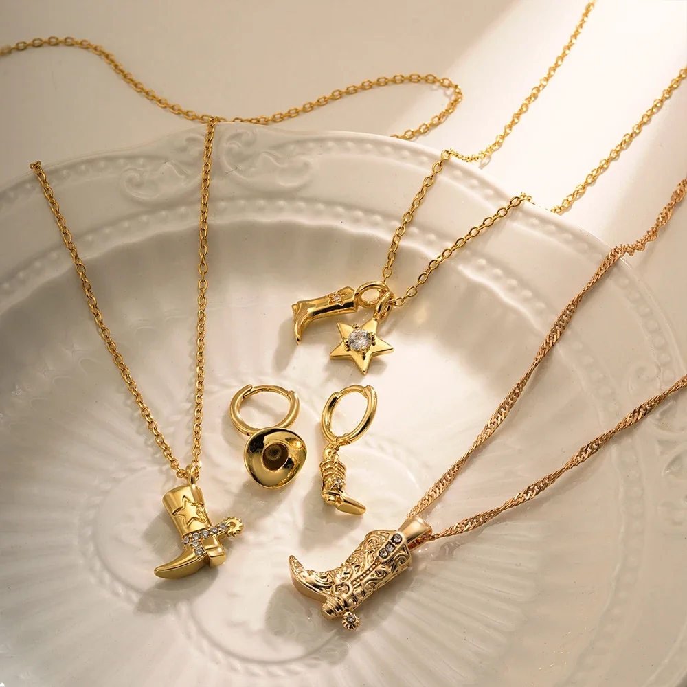 Punk CZ Zircon Cowboy Boot Pendant Necklace for Women Vintage Gold Plated Stainless Steel Chain Necklace Trendy Jewelry Gift - Image 2