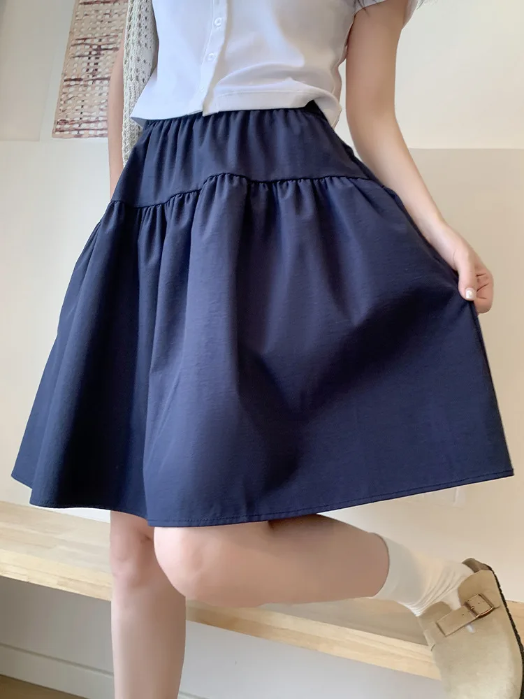 

Japanese Schoolgirl High Waist Skirt A Line Pleated Skirt Slim Conceal Hip Half Skirts Summer Casual Short Midi Skirt
