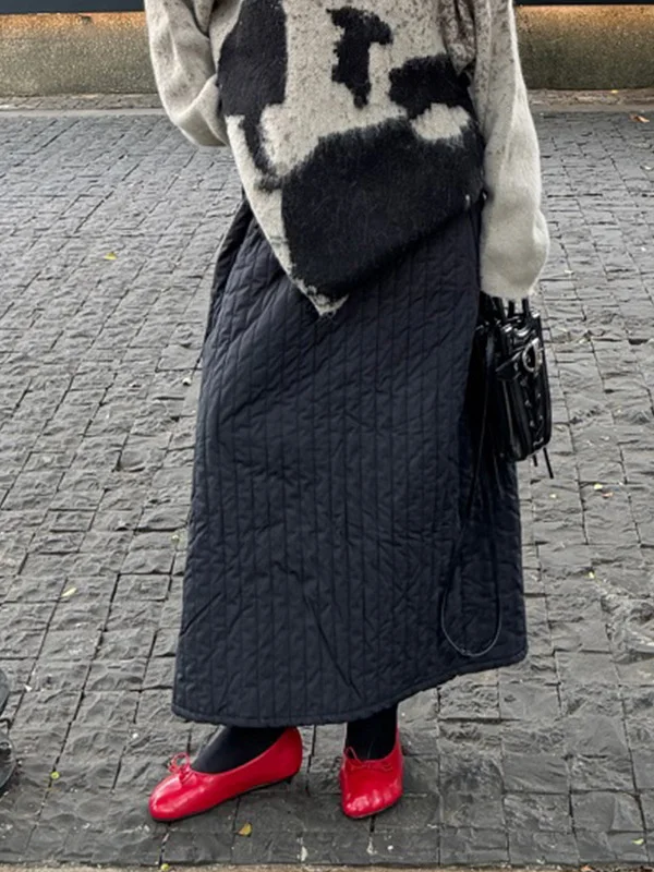 

Thiened Cotton Quilted Mid-Length A-Line Skirt Women's Autumn Winter High Waist Design Sensibili Retro Sle f Skirt