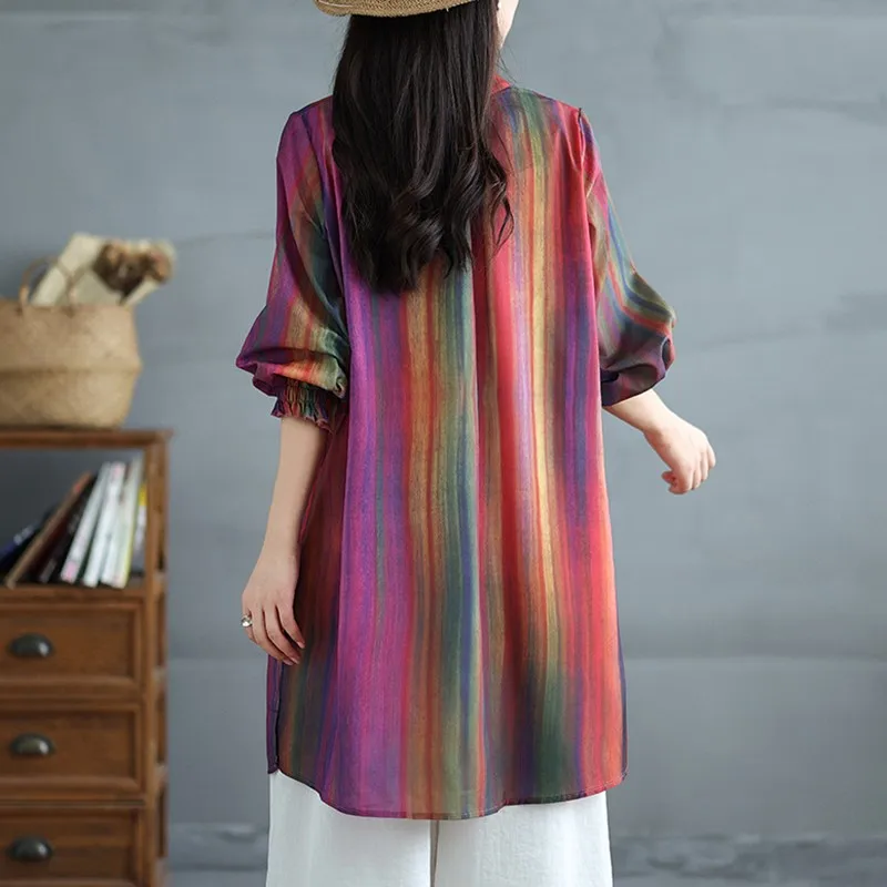 Women Casual Long Shirt New Arrival 2024 Autumn Vintage Striped Half High Collar Loose Female Thin Tops Shirts B3942