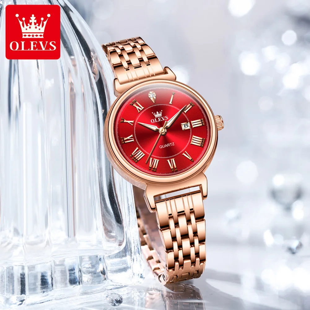 OLEVS-Montre à Quartz de Luxe pour Femme, en Acier Inoxydable, de Couleur Or Rose, Étanche, avec Date, Rouge, à la Mode, 2024