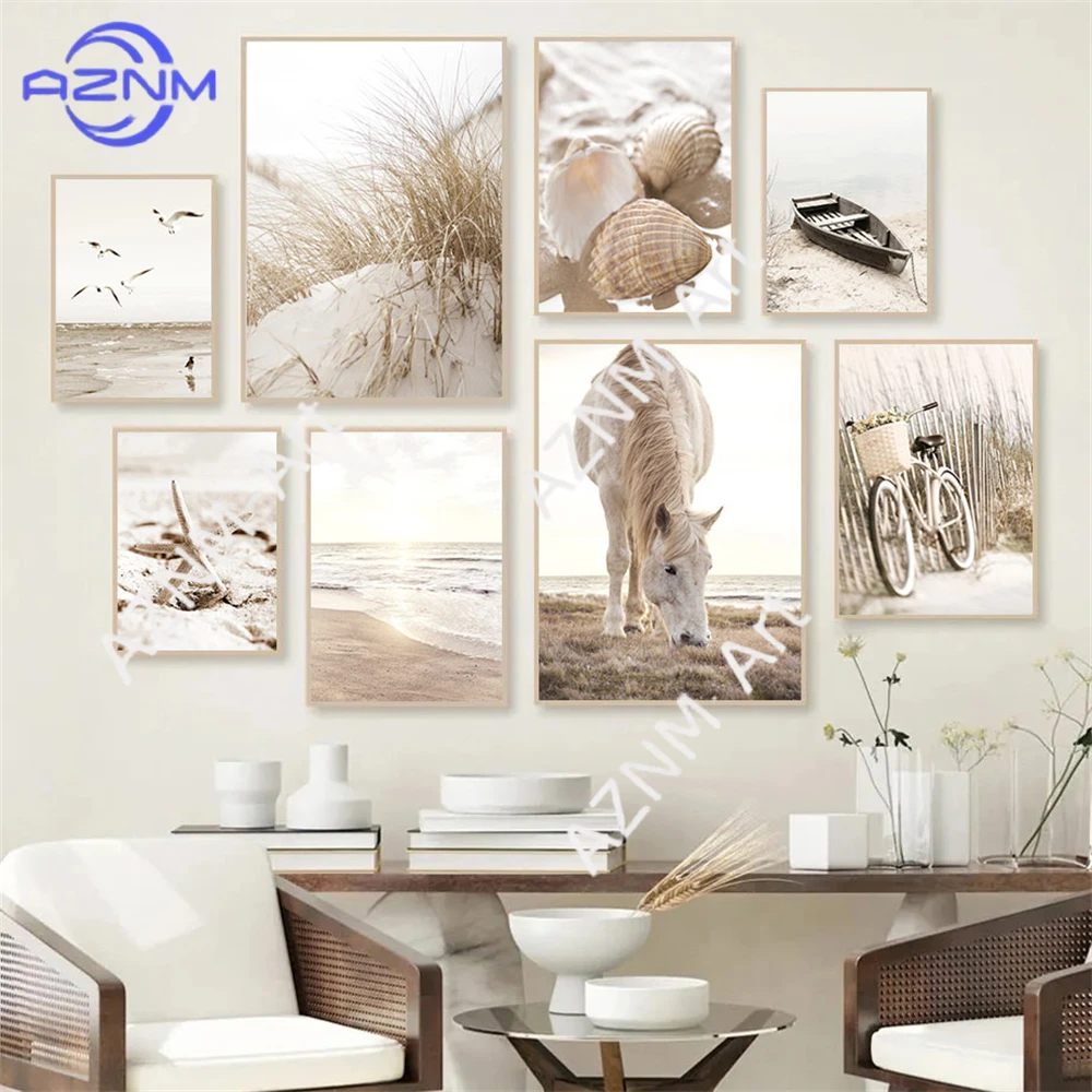 Beach Shell Starfish Poster Beige Sea Landscape Canvas Art Painting Bike Boat Print Pictures Nordic Wall Posters Home Decoration