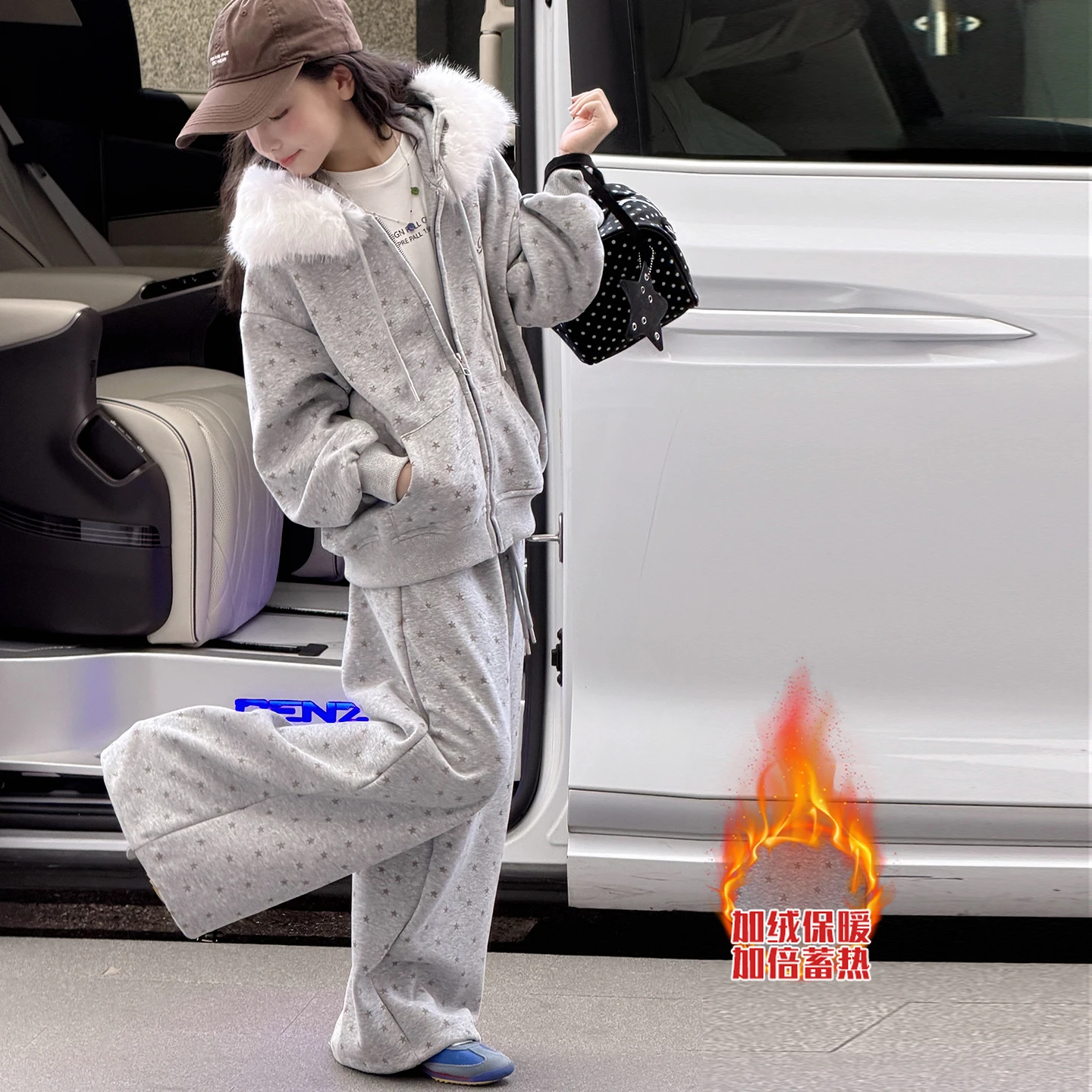 winter 5-14 teenager girls sport clothes suit Big fur collar Thick plush jacket wide-leg pants 2pcs child kids sweatsuit outfits