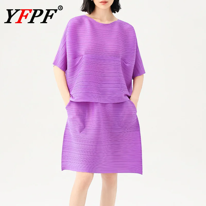 

YFPF повседневные однотонные женские комплекты Miyake, плиссированная блузка с короткими рукавами, топы + мини-юбка, модная свободная новинка 2023 года, одежда