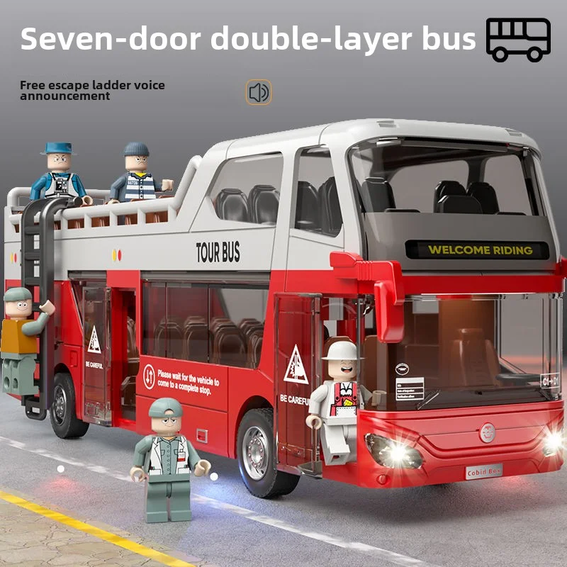 Large open-top double-decker bus bus model children's toy car can open the door sightseeing bus school bus