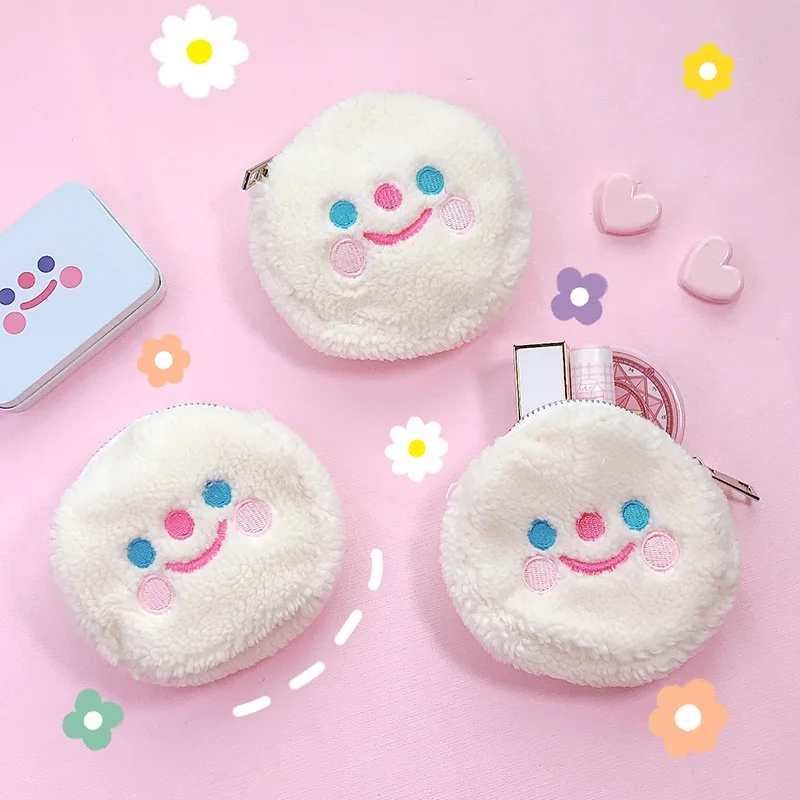 2023 Hot Cute Cartoon Clouds Smiley Crossbody Coin Purse Embroidered Lambswool Coin Key Bag Wallet Plush Cosmetic Storage Bag