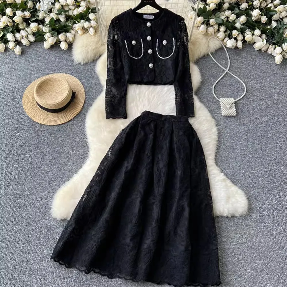 Small Fragrant Embroidery Flower Two Piece Set Women Long Sleeve Pearls Buttons Pocket Lace Mesh Crop Top+A-Line Midi Skirt Suit
