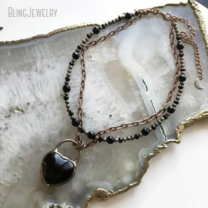 10pcs Onyx Heart Beaded Copper Layering Choker Black Gemstone Crystal Necklace Witch Boho Goth Wicca Talisman Y2k Jewelry Arcane