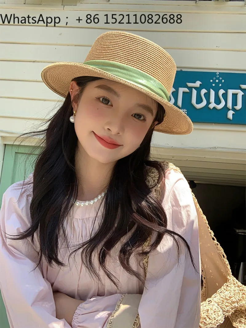 LLY high value flat top straw hat children seaside vacation sunshade sunscreen hat big head circumference