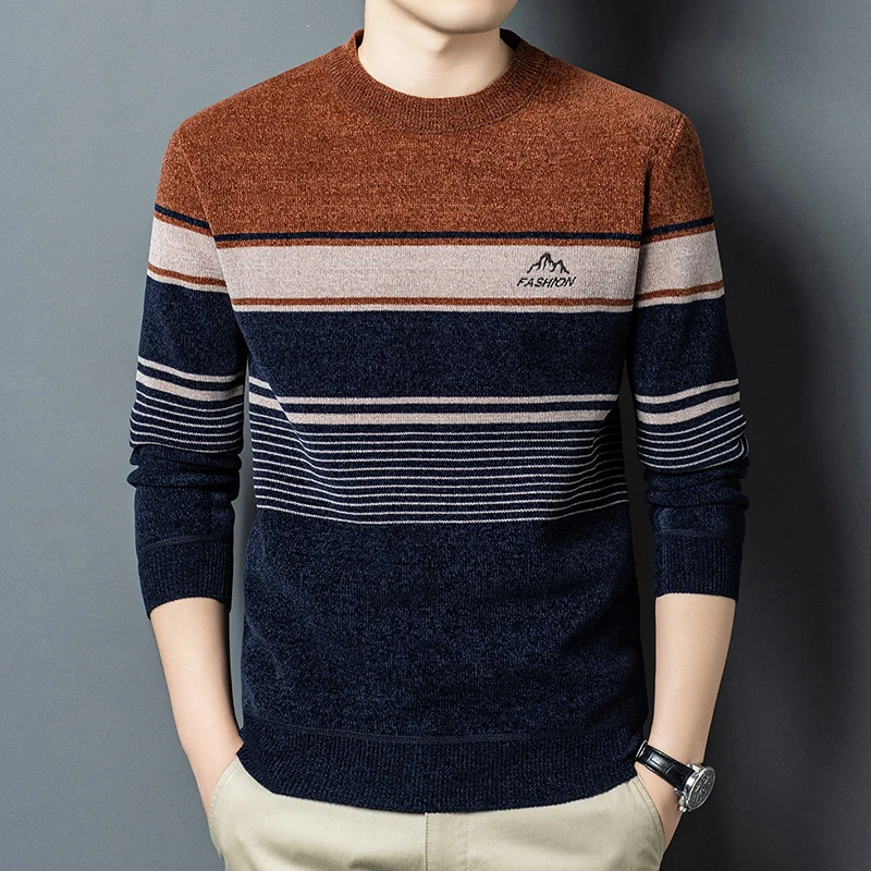 

Мужской утепленный и теплый зимний свитер с воротником до половины, из синели, подходит для мужчин среднего возраста.