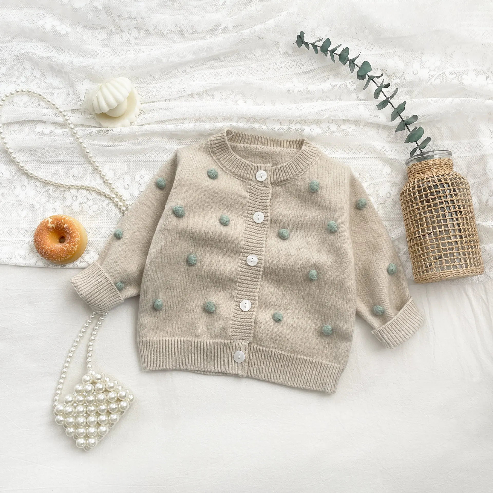 Korean Baby Princess Infant Knitted Cardigan Autumn Woolen Ball Coat Little Girl Suspender Rompers