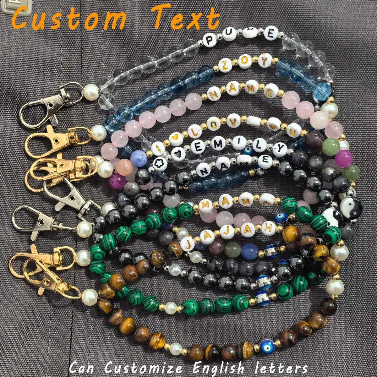 1PC Letter Customized Natural Stone Beaded Keychain Tiger Eye Black Glossy Mobile Phone Chain Luggage Keychain Pendant