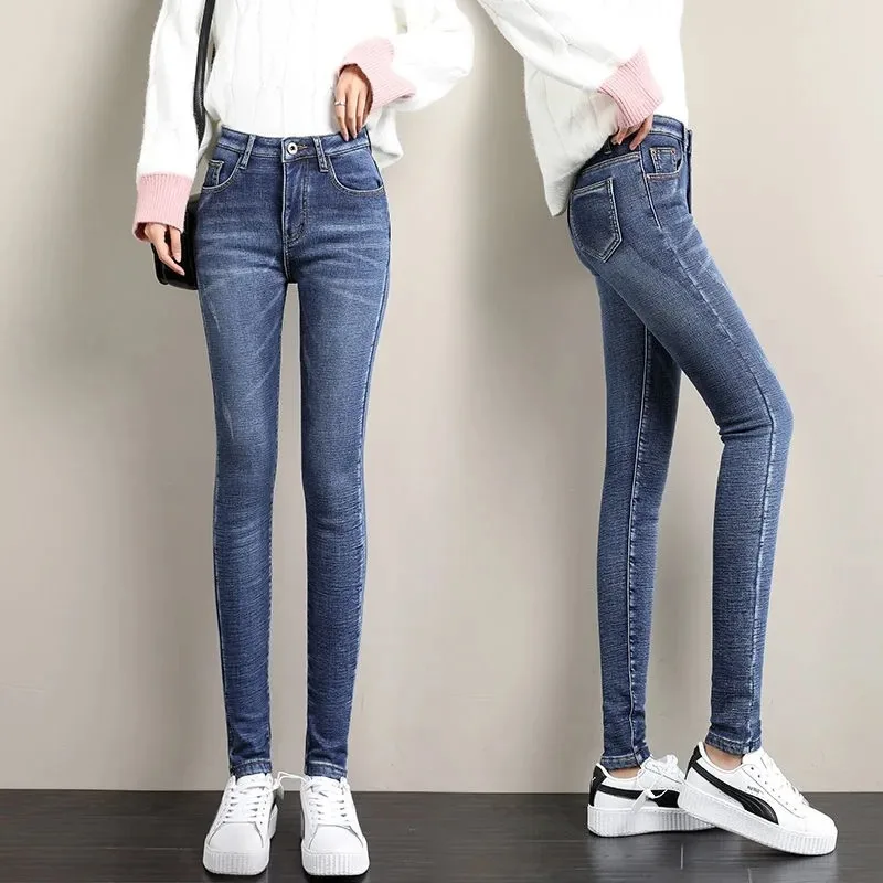 2023 New Bleached Pencil Jeans Warm Fleece Plus Velvet Skinny Jeans Women Slim Thermal Pant Female Ankle-Length Cozy Denim Pant