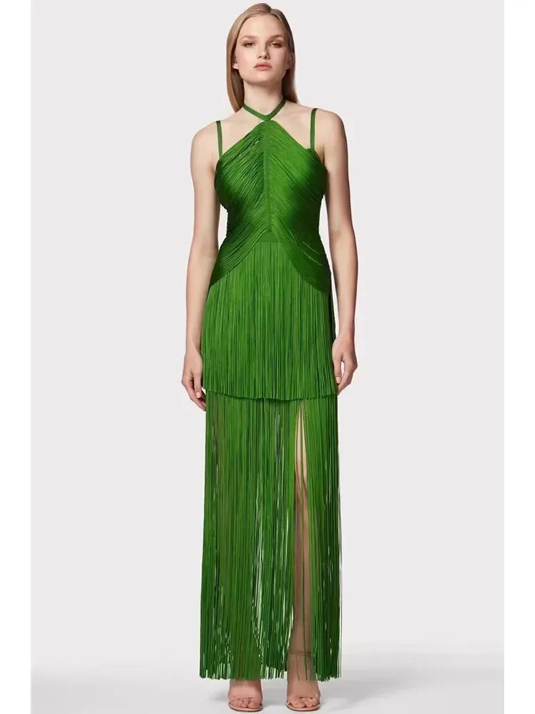 

Women Summer New Green Halter Spaghetti Strap Fringed Bandage Dress High Street Celebrity Evening Party Gowns Guest Looking