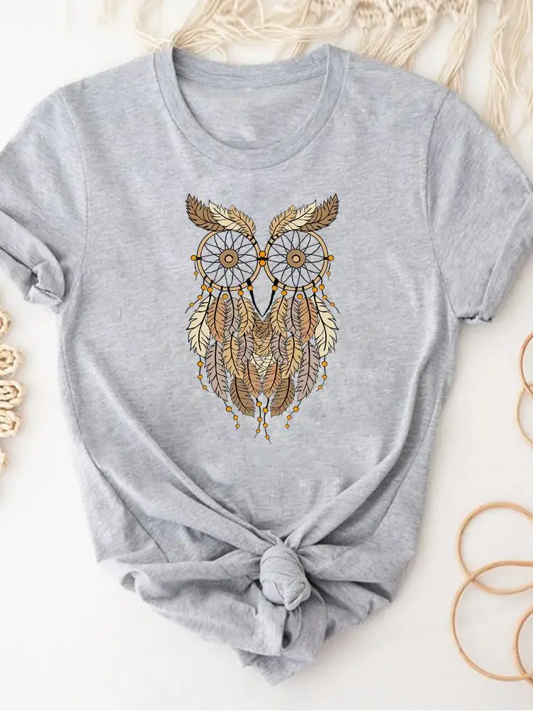 Print T Shirt Short Sleeve Summer Clothes Women Clothing Gray Owl Love Style Trend Cute Basic Tee Top Fashion Graphic T-shirt
