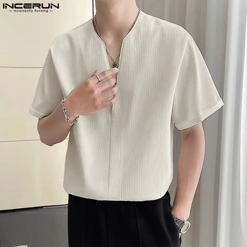 Casual Simple Style Tops INCERUN New Men\'s V-neck Texture Design T-shirt Male Streetwear Solid Short Sleeved Camiseta S-5XL 2024