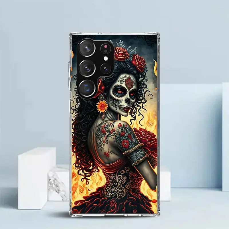 Catrina Beautiful Rose Girl Skull Phone Case For Samsung Galaxy S24 S25 Edge S26 Ultra S22 S23 Plus S21 + S20 FE Soft TPU Back C
