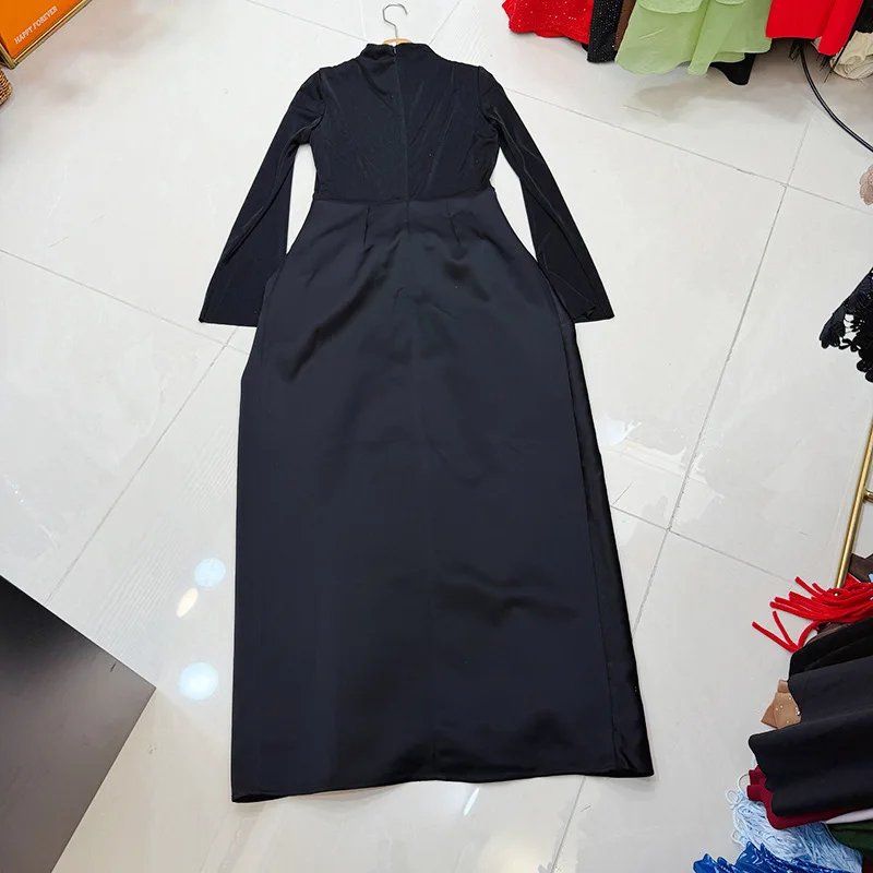 TWOTWINSTYLE High End Gatherings Black Two Piece Set for Women High Neck Slim Top Ruched Waist Midi Skirt for Elegant KSE524912