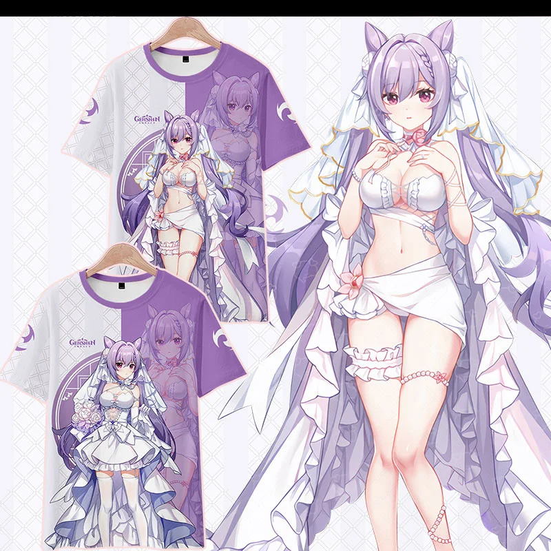 

2026 Genshin Impact Keqing Surrounding Short Sleeve T-shirt 3D Anime Shining Painful Clothes Summer anime cos Clothes Shorts Set