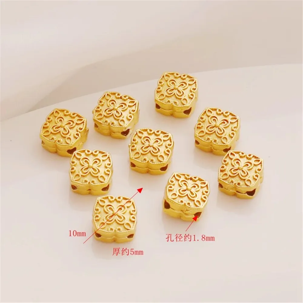 1PCS 18K Copper Gold-Plated Traditional Matte Gold Double-Sided Flower, 10mm Square Bead, DIY Jewelry Accessories, Loose Beads