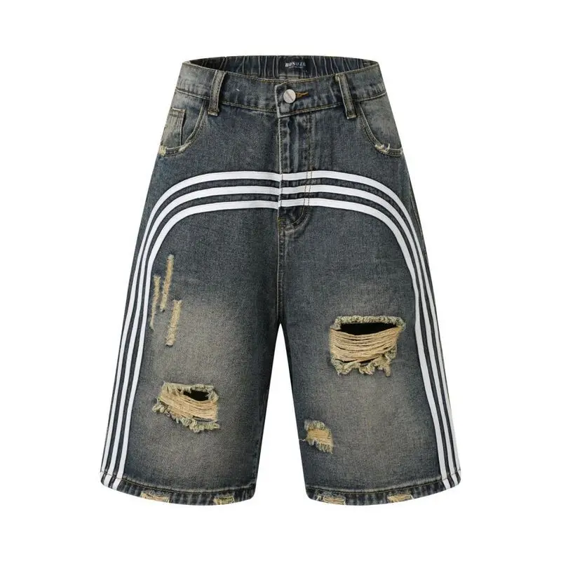 Men's High Street Ripped Jeans Shorts With Holes Fashion Oversized Destroyed Denim Shorts Loose Fit Bottoms Striped Patches