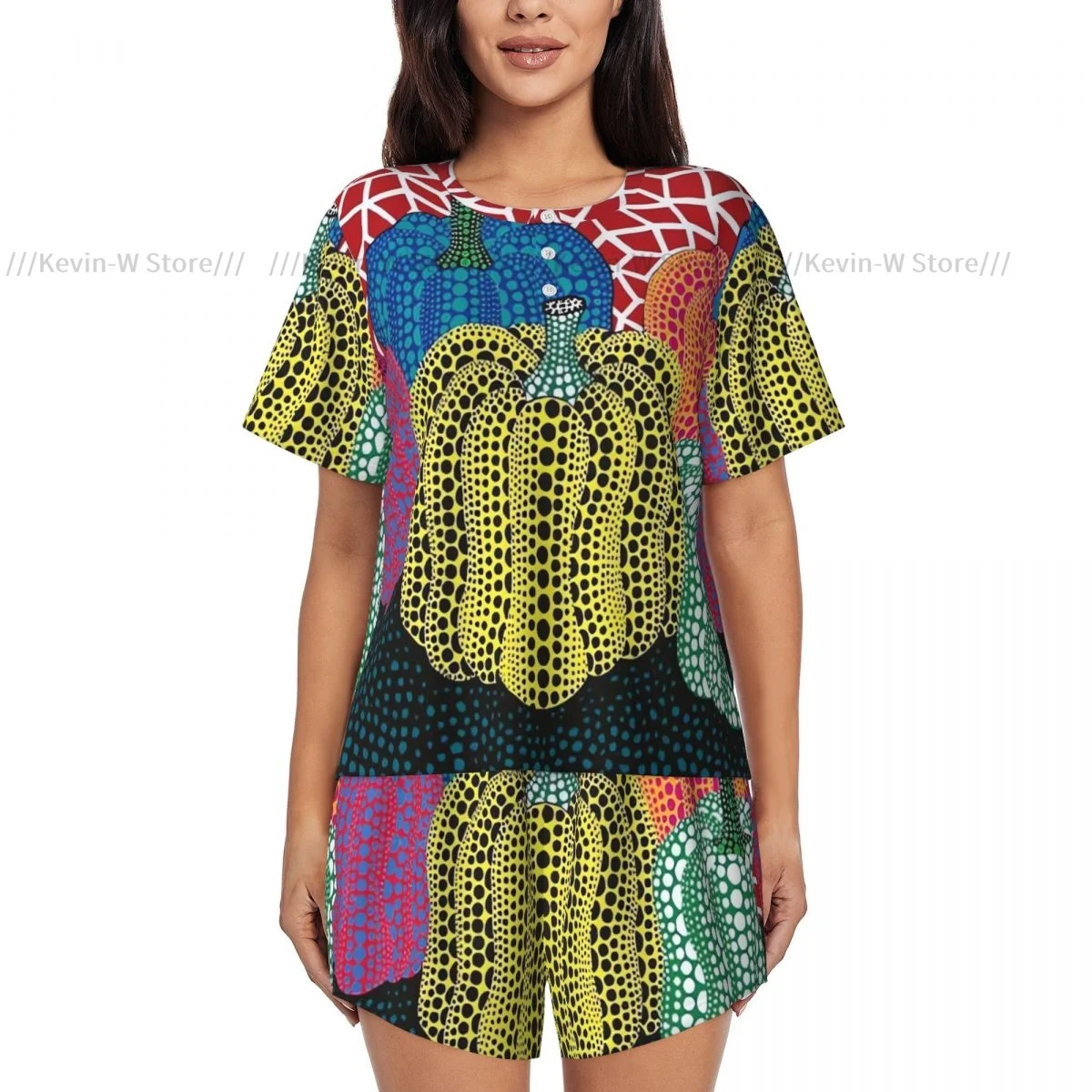 Two piece women's pajama round neck short sleeved T-shirt Yayoi Kusama Abstract Painting casual home pajama set