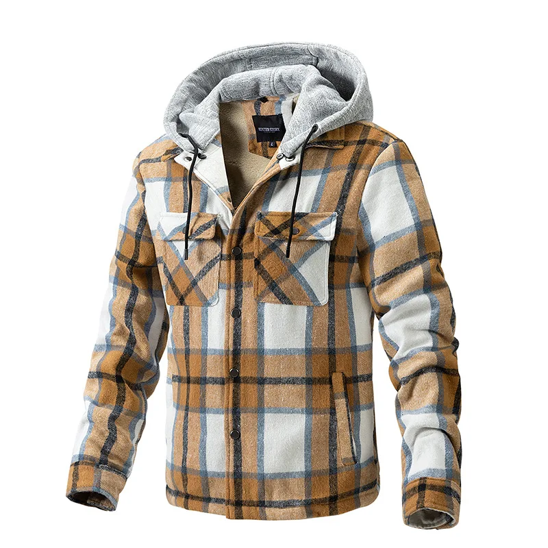 Men\'s Fleece Plaid Flannel Shirt Jacket Winter Casual Hooded Jacket Thicken Warm Removable Hat Overcoat Sherpa Outerwear MY985