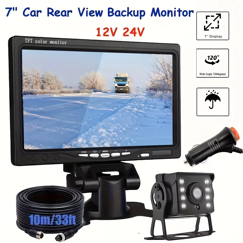 Rear View Backup Camera System with 17.78cm HD Monitor, Heavy Duty 4-Pin Cable, Night Vision, 12-24V Car Plug, for Trucks, RVs