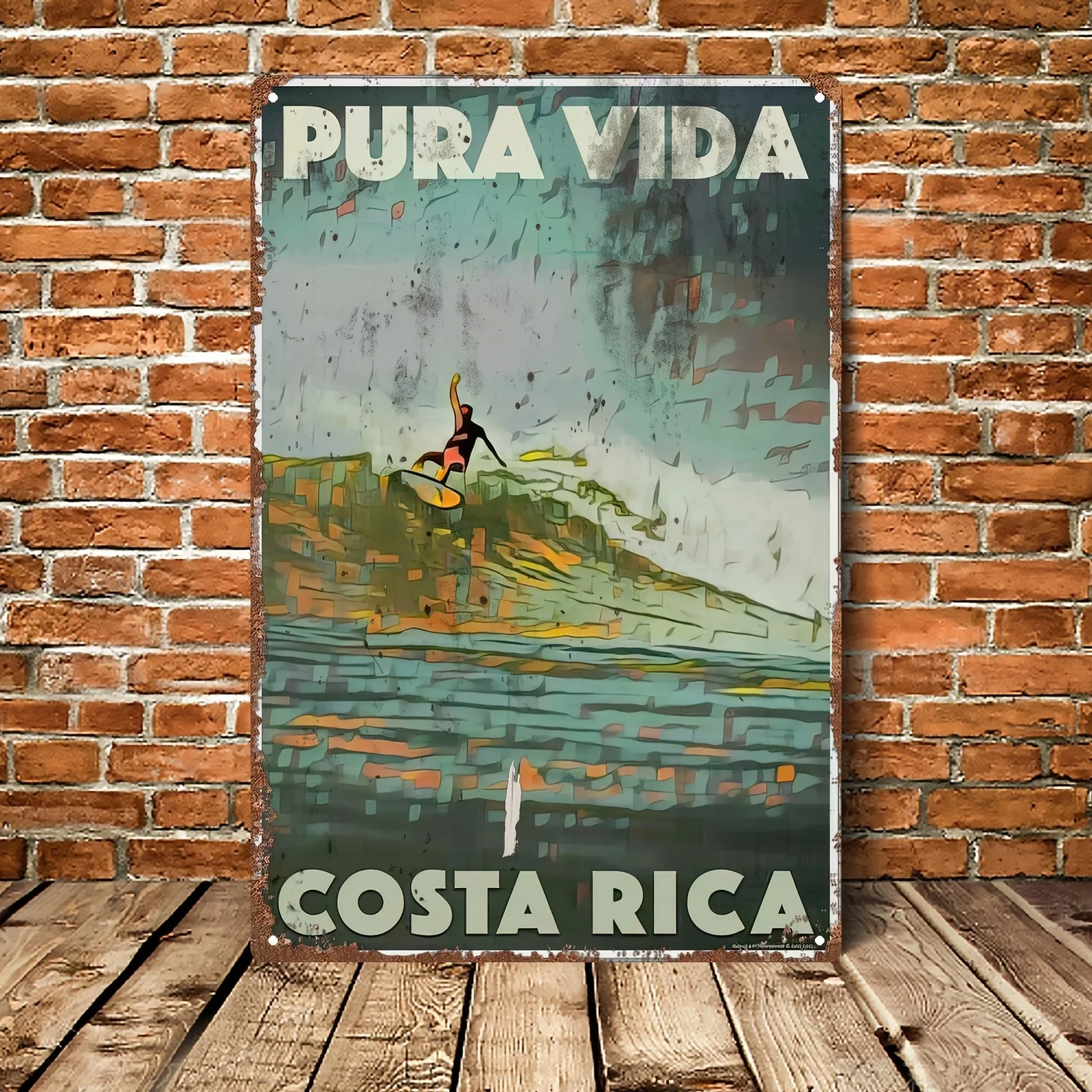 Raumdekoration Pura Vida Costa Rica Surfing Ocean Wave Metallblechschild, es Eisenwandkunst für Zuhause, Strandhaus, Bar, Café