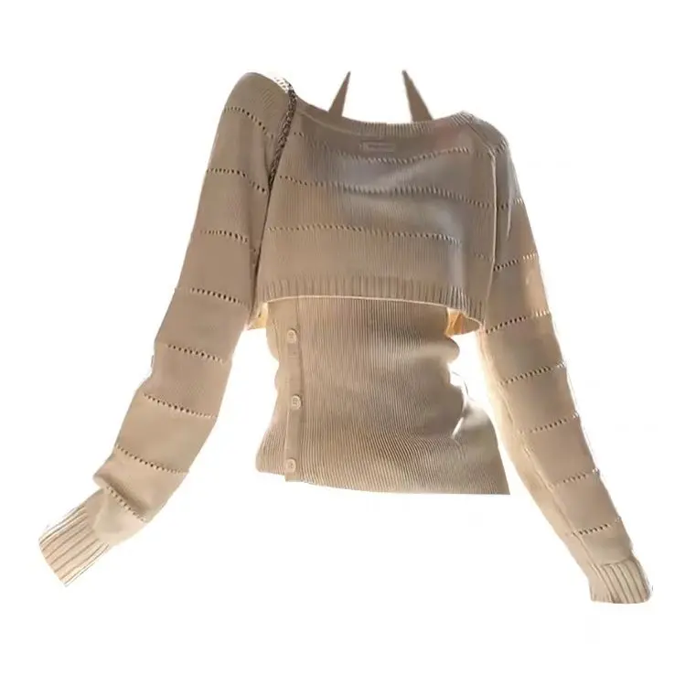Korean Style Chic New Slim Fit Two-piece Set Knitted Sweater Long Sleeved Hollow Top