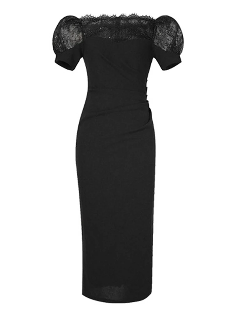 フランスのファッションデザイン宴会ドレス女性エレガントなレトロ黒薄手のレースのパッチワークスパンコールひだボディコンローブファムパーティー Vestido