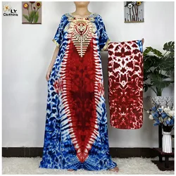 2023 New Dubai Muslim For Women Short Sleeve Printed Cotton Islam Turkey Femme Loose Robe African Abayas Dress With Headscarf