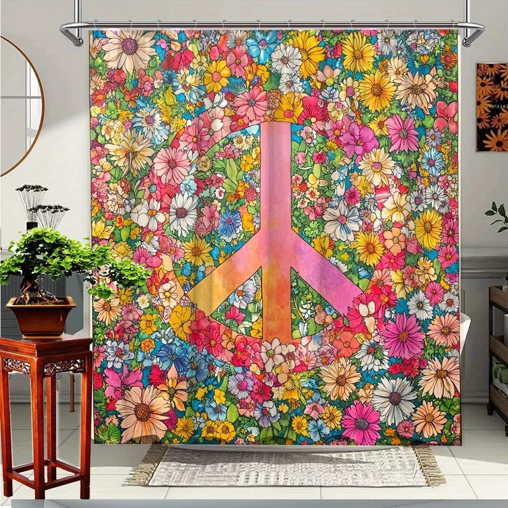 

1 шт., занавеска для душа с ярким цветочным знаком мира — красочные цветы и символический дизайн, декор для ванной комнаты из полиэфирной ткани с 12 крючками